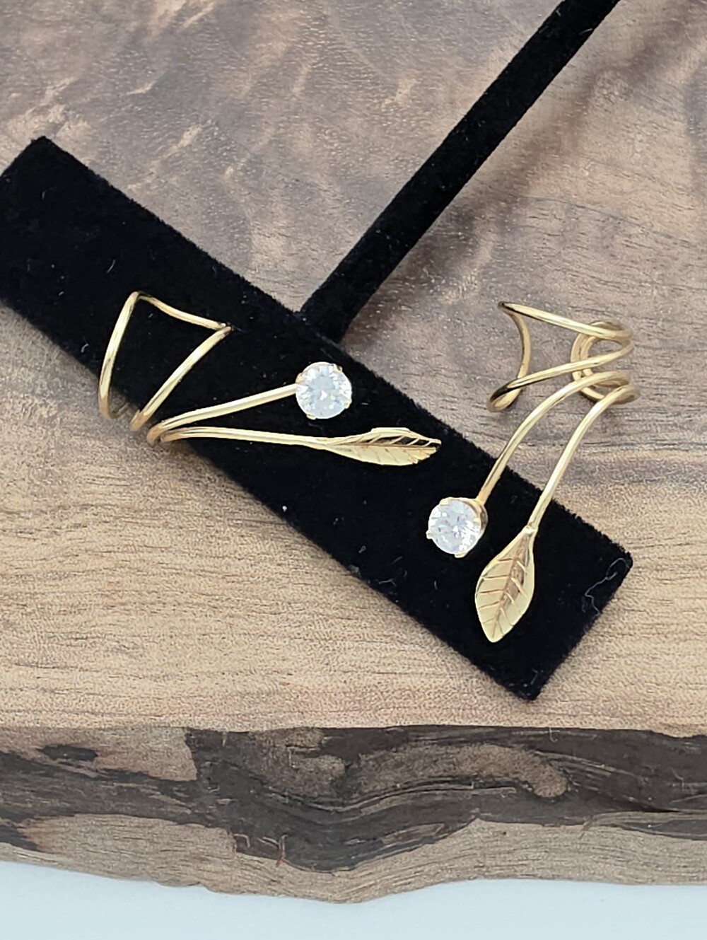 Vintage 14k Gold Ear Climber Cuff Earrings Leaf & Vine Cubic Zirconia Set Pair